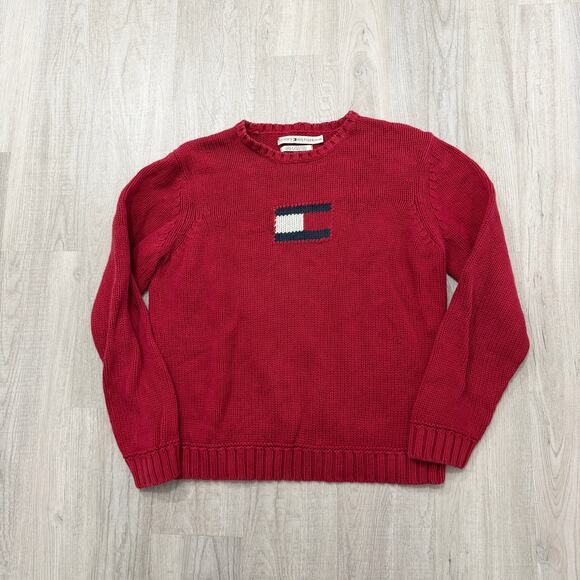 Vintage Tommy Hilfiger Sweater Women's Extra Large XL Red Knit Flag Crewneck y2k - Picture 1 of 7